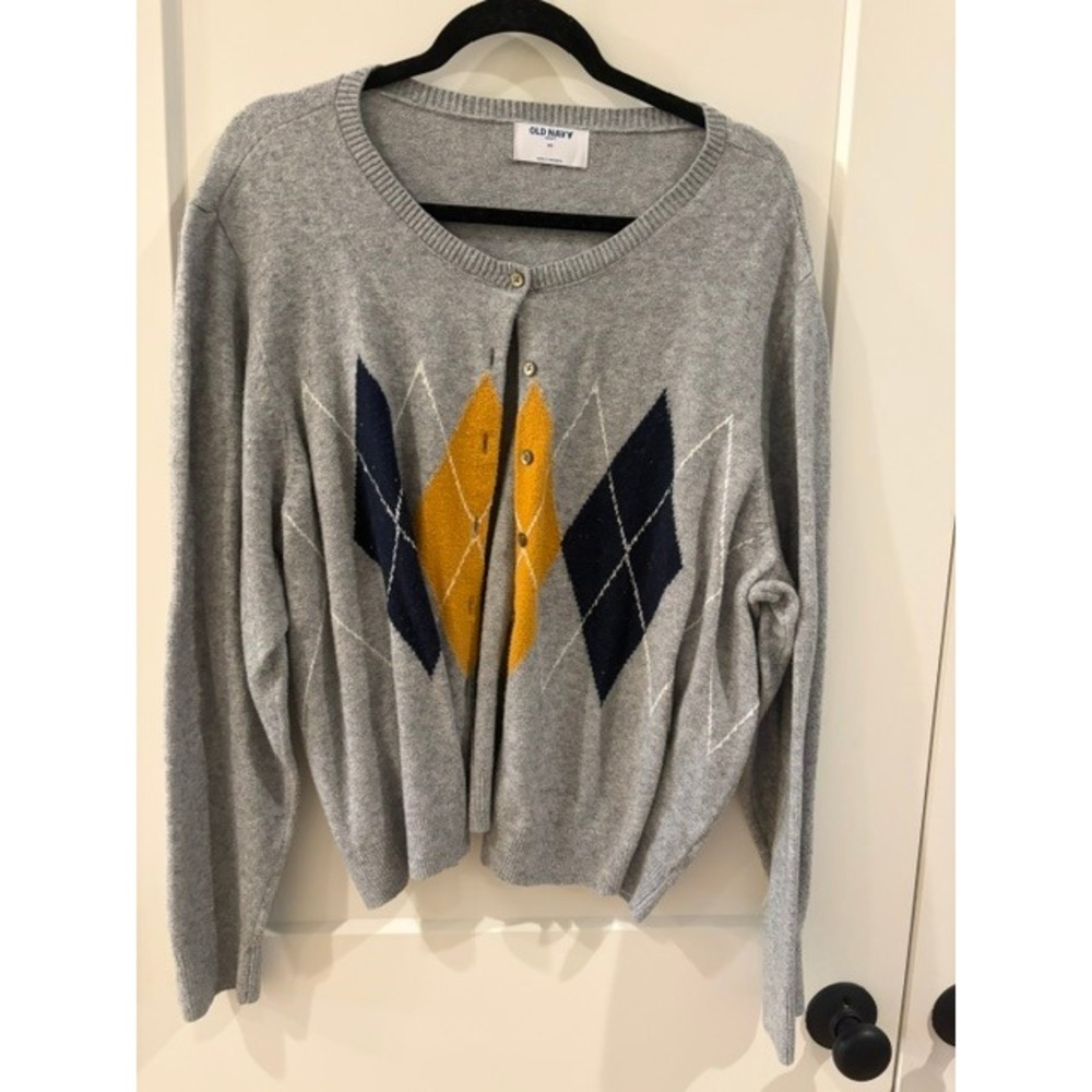 Old Navy SoSoft Argyle Cardigan Sweater Gray Navy Yellow 3X Plus Size Woman